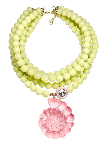 Necklace with light green beads and a pink shell pendant 